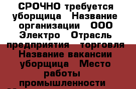 СРОЧНО требуется уборщица › Название организации ­ ООО Электро › Отрасль предприятия ­ торговля › Название вакансии ­ уборщица › Место работы ­ промышленности › Минимальный оклад ­ 500 › Возраст от ­ 30 - Самарская обл., Самара г. Работа » Вакансии   . Самарская обл.,Самара г.